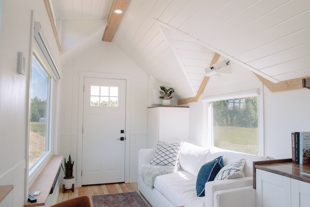 living room with projector and screen